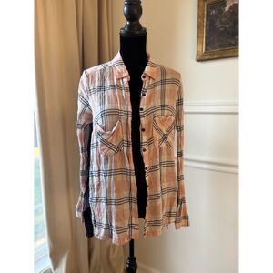 FREE PEOPLE Plaid Multi-Print Pink Navy Blue Shirt Top Size S/M